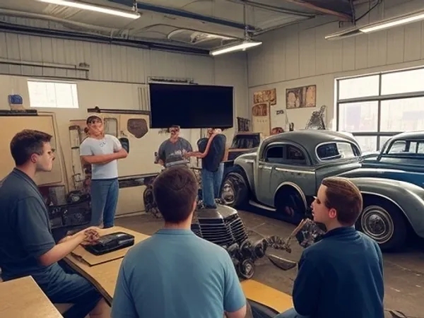 A group of people in a garage with cars.